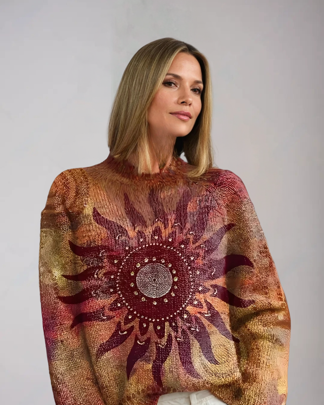 🌞 Eline – Varm Strikket Rullekrave med Geometrisk Tribal Solmotiv ✨